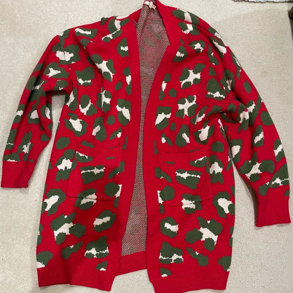 Entro Christmas Cardigan Red, Green, and White Animal Printed Patterned